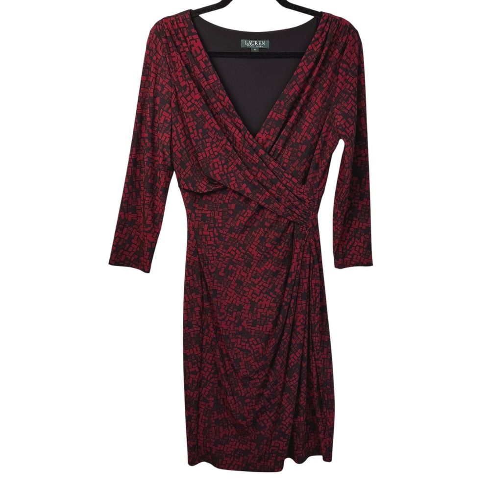 Ralph Lauren Dress 10 Red Black Geometric Print‎ 3/4 Sleeve Faux Wrap Career - Picture 11 of 16